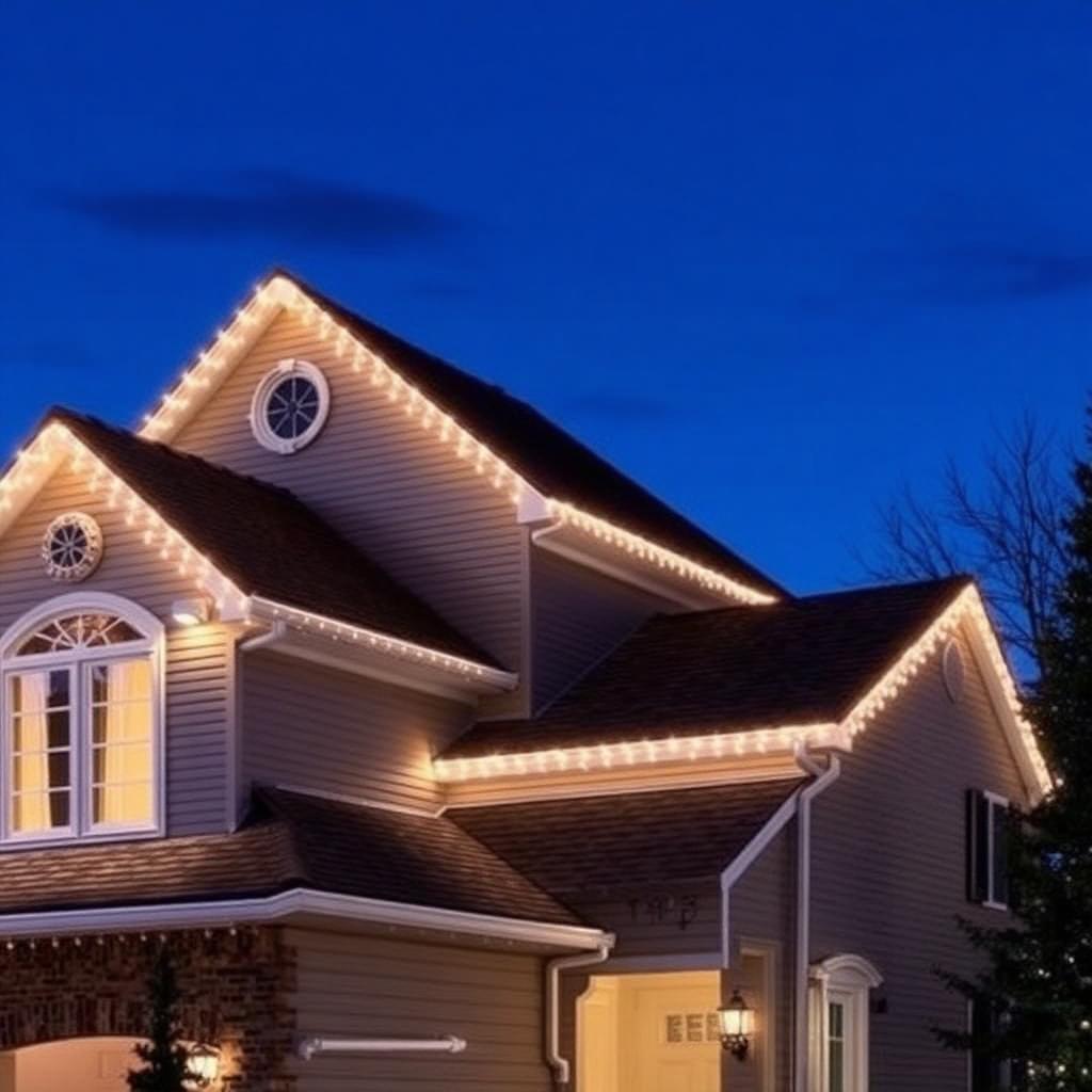 Two-story home with warm white roofline lights