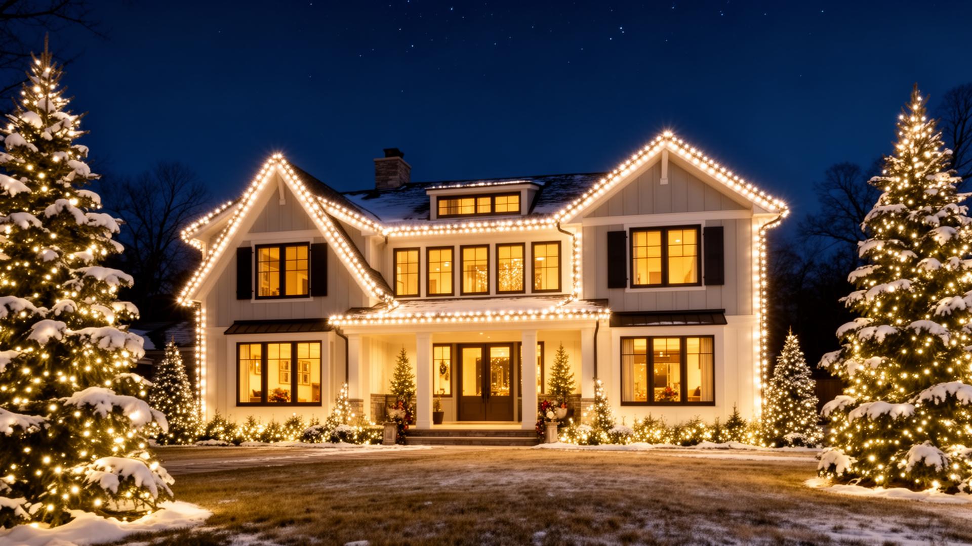 Luxury home illuminated with professional Christmas lights at twilight in Sacramento